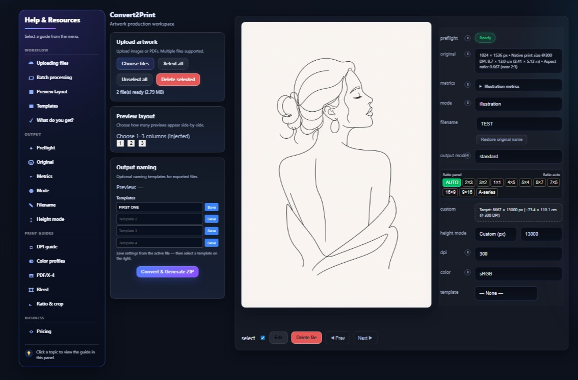 Convert2Print workspace showing upload, preview, preflight and metrics