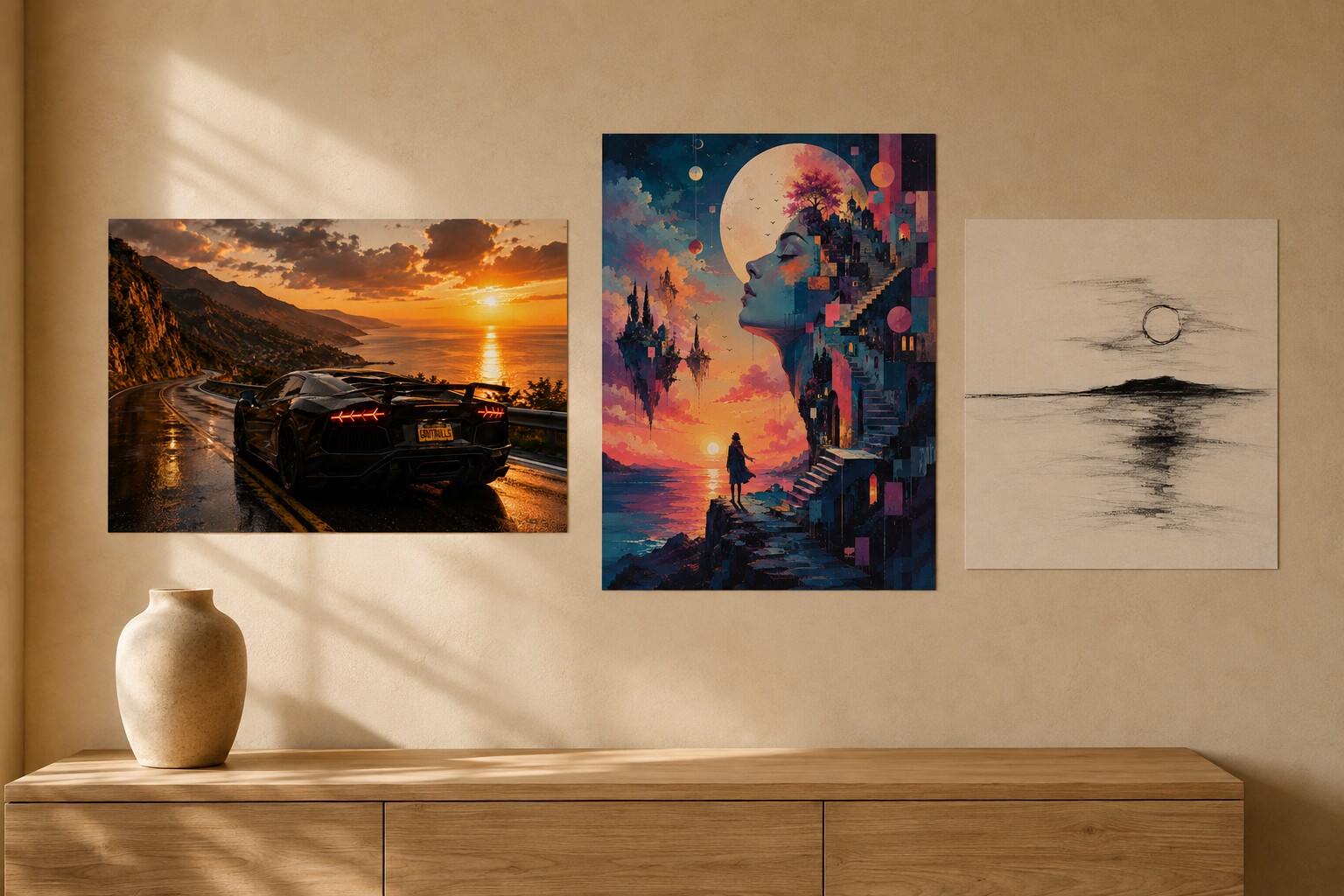 Three finished art posters displayed in a warm, modern interior