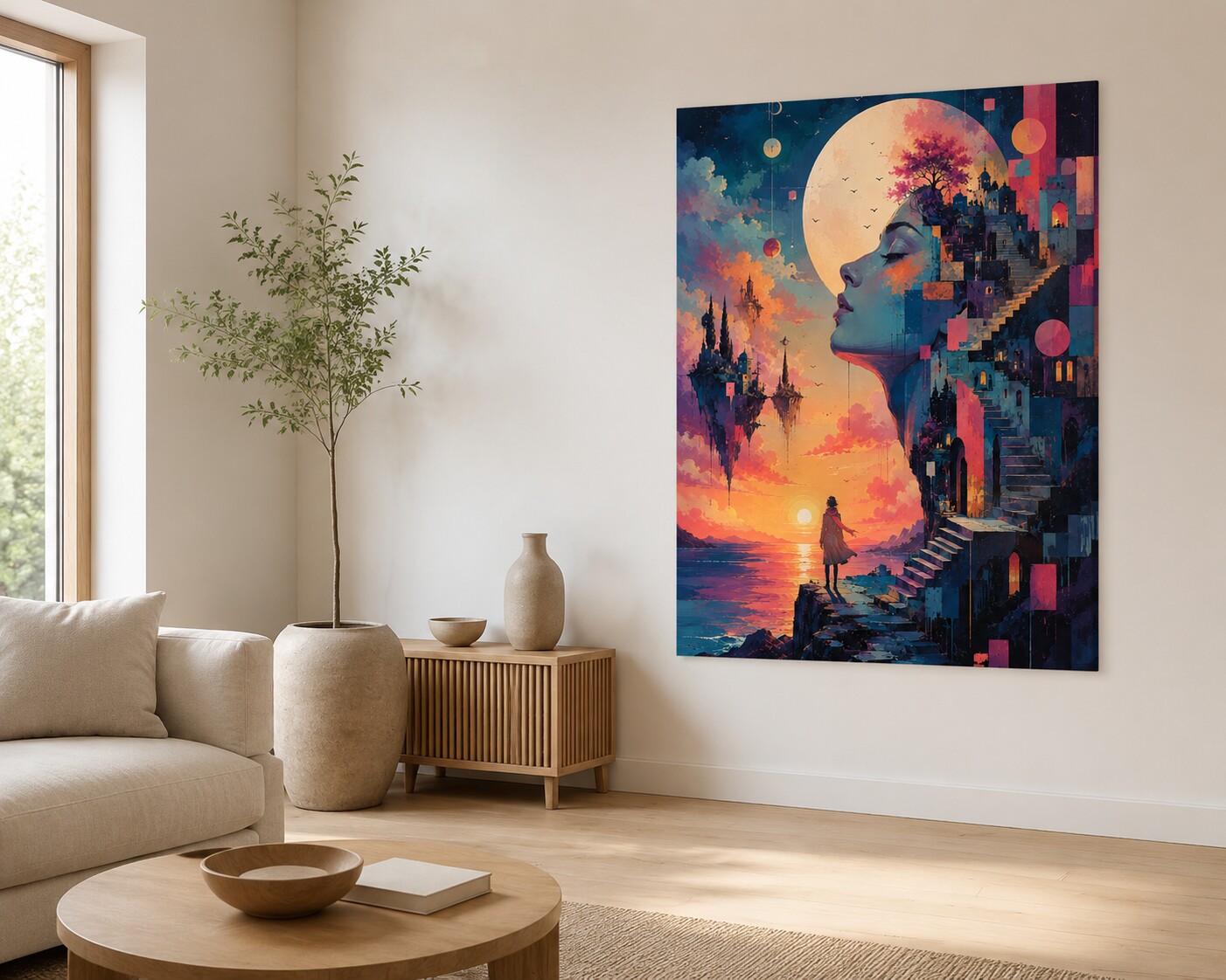 Large vertical art poster in a bright modern living room