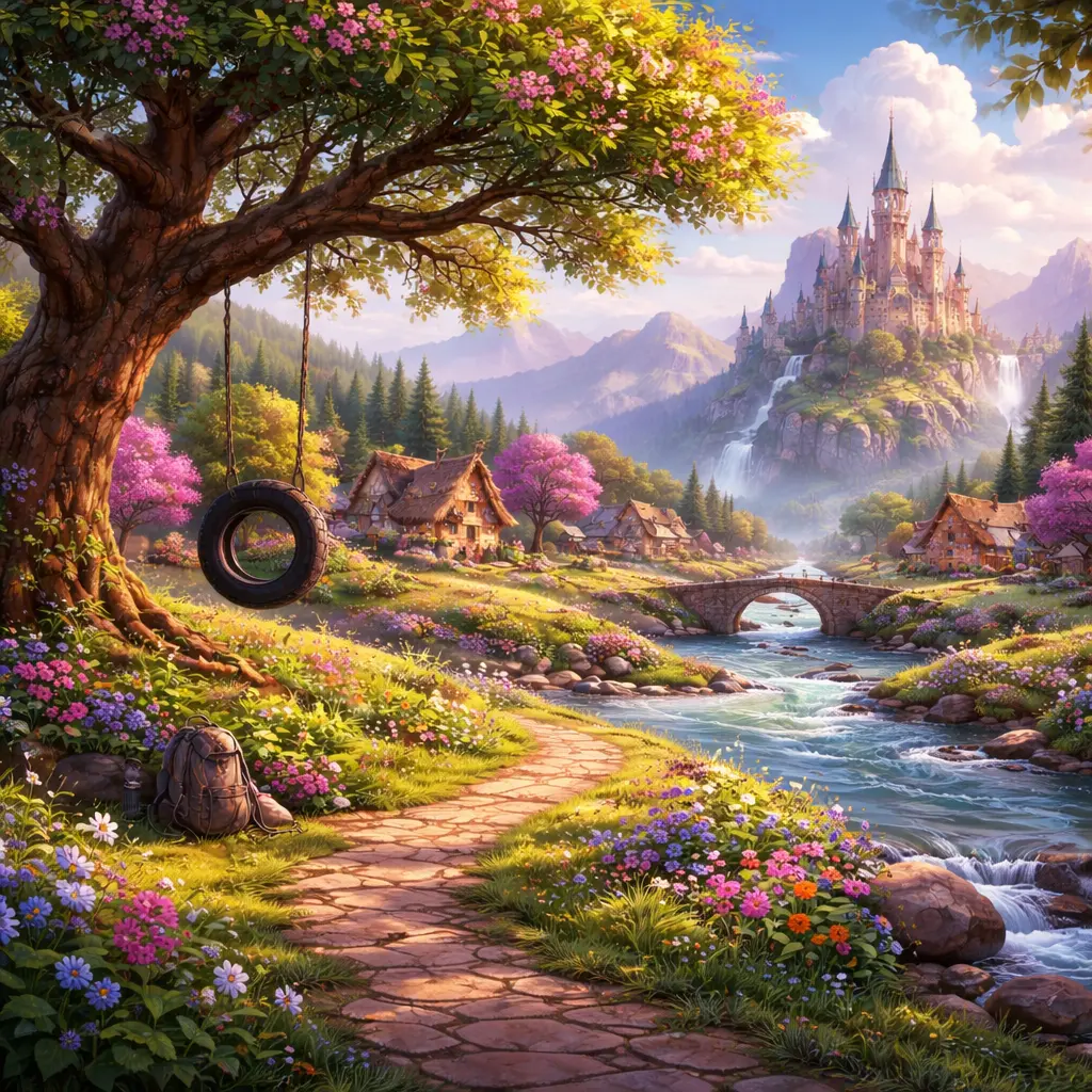 Original detailed sunlit fantasy landscape